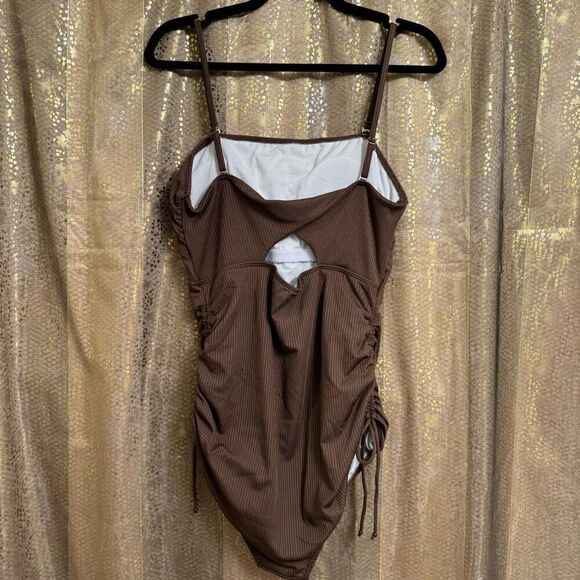 Women's Brown Ribbed One Piece Ruched Side Tie Swimsuit Med NWOT - Picture 2 of 9